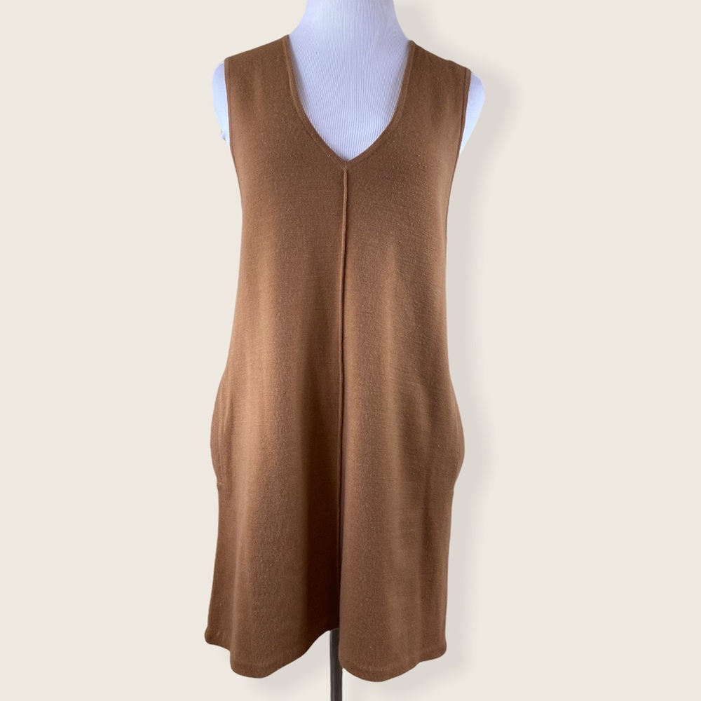 Free People Sleeveless V-Neck Knit Dress in Camel Brown